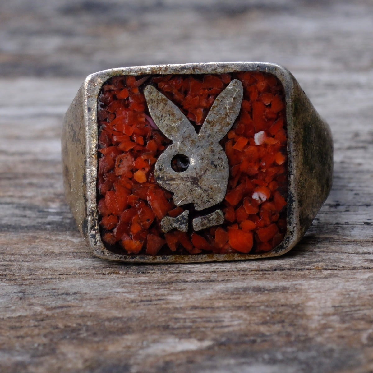 Vintage Sterling Coral Inlay Playboy Ring 10.5
