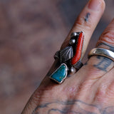 Vintage Sterling Turquoise and Coral Feather Ring 8.75