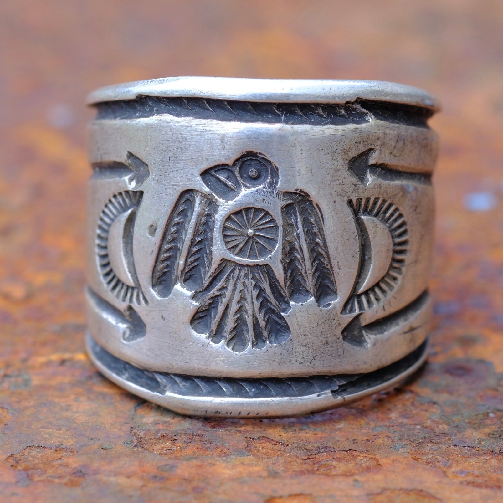 Heavy Ingot Stamped Thunderbird Cigar Band Ring 11