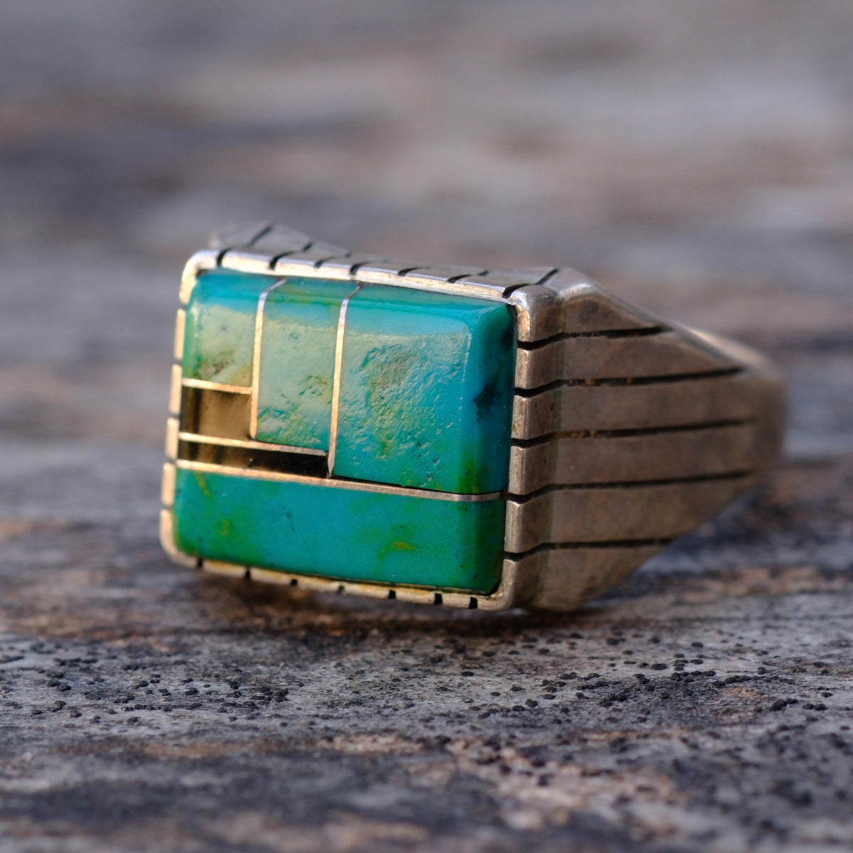 Vintage Sterling Malachite and Onyx Inlay Ring 12.75
