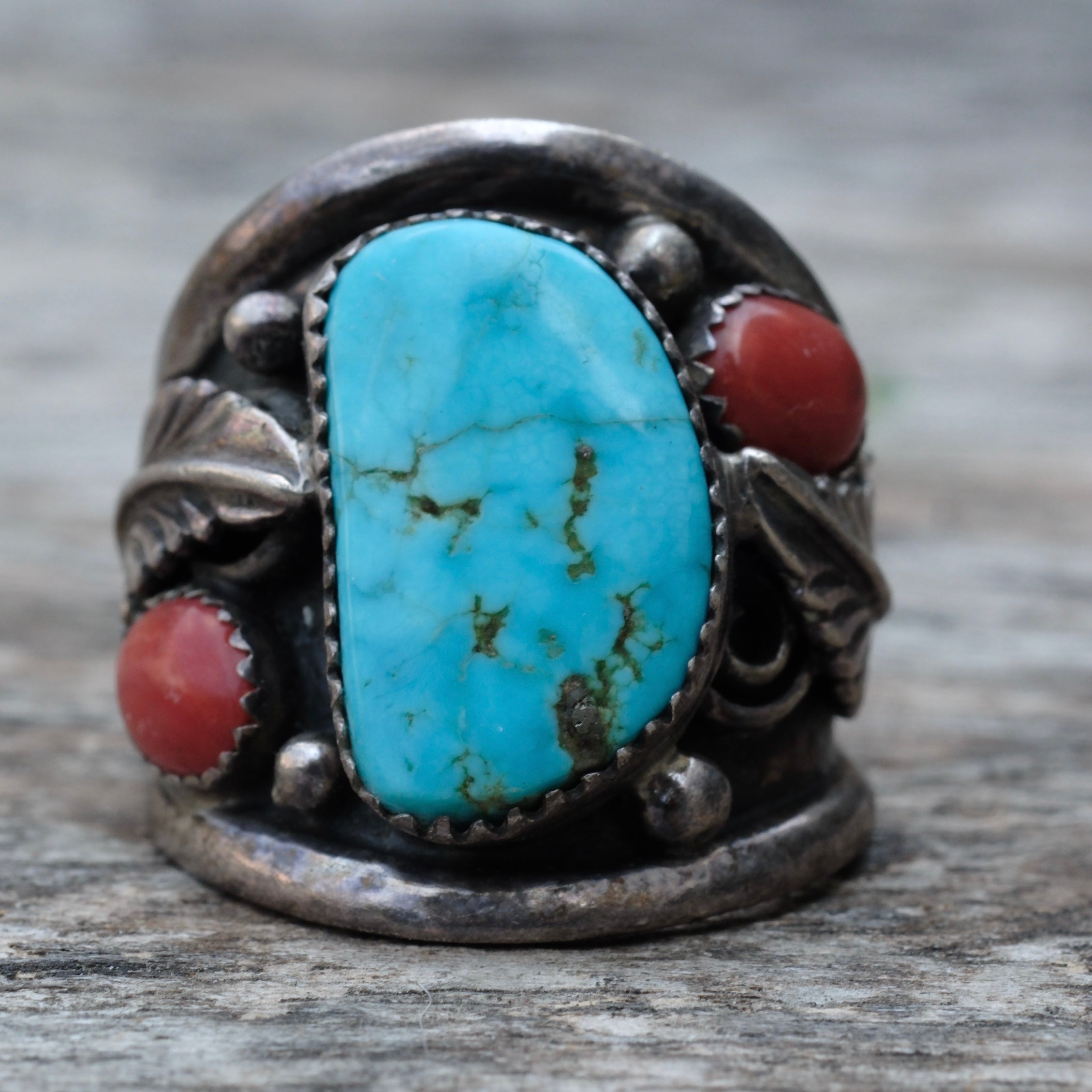 Vintage Sterling Turquoise and Coral Feather Ring 11