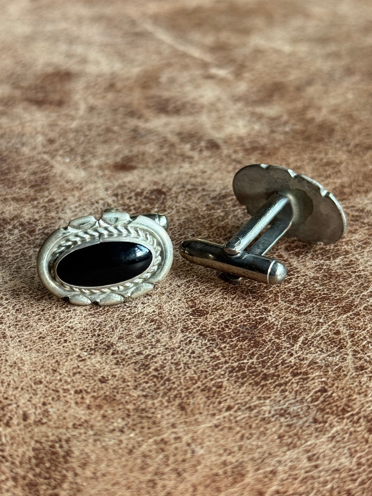 Vintage Sterling Silver Framed Onyx Cufflinks