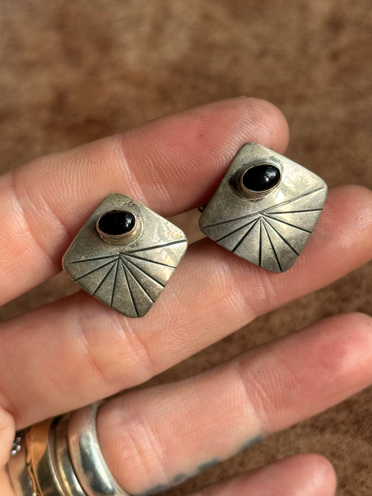 Vintage Sterling Silver Stamped Onyx Square Cufflinks