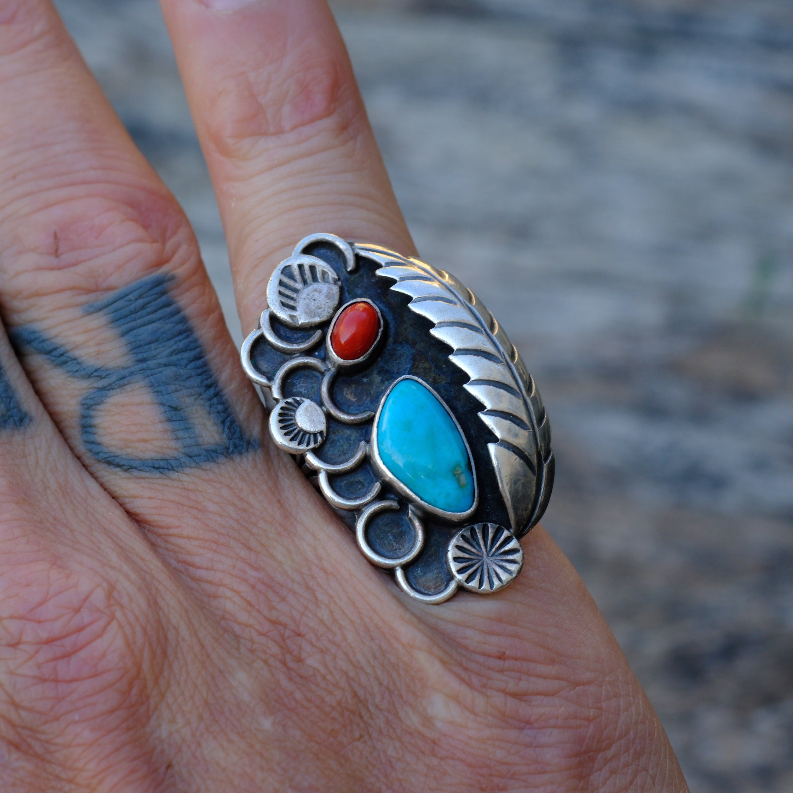 Vintage Sterling Turquoise and Coral Feather Ring 6.5