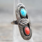 Vintage Sterling Turquoise and Coral Feather Ring 4