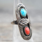 Vintage Sterling Turquoise and Coral Feather Ring 4