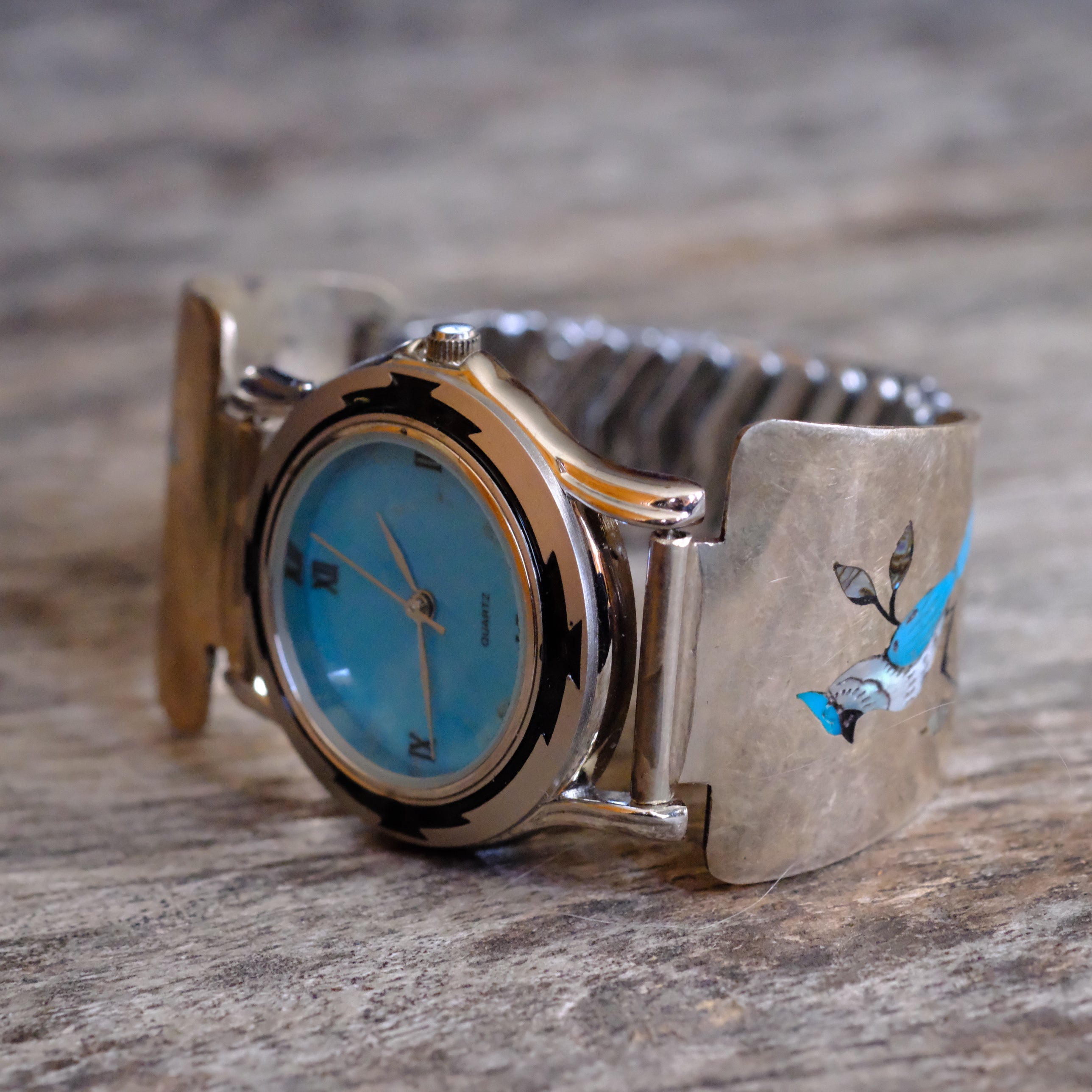 Vintage Sterling Inlay Blue Jay Watch With Turquoise Dial