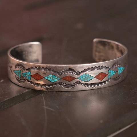 Vintage Sterling Turquoise and Coral Inlay Cuff