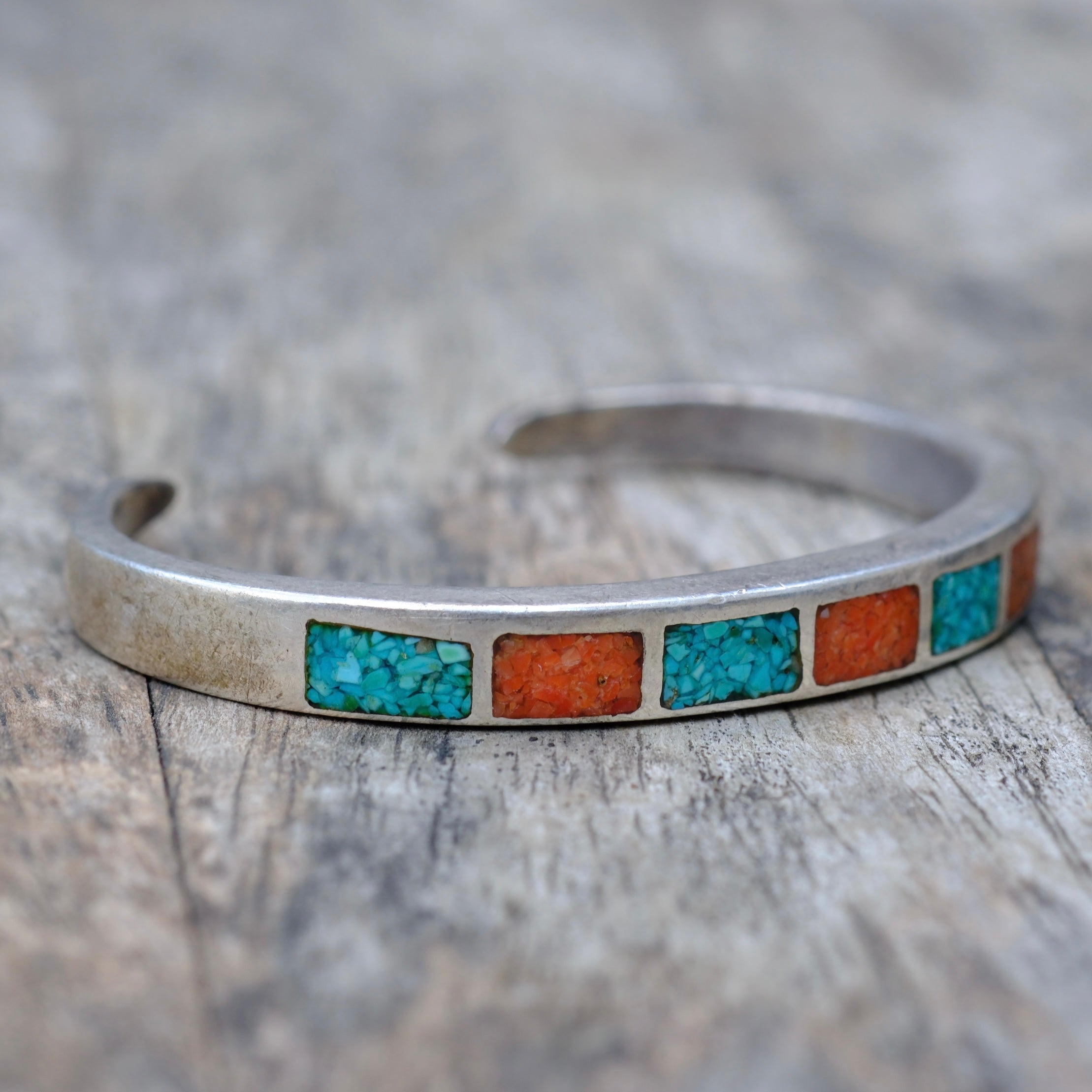 Vintage Sterling Crushed Turquoise and Coral Cuff Bracelet