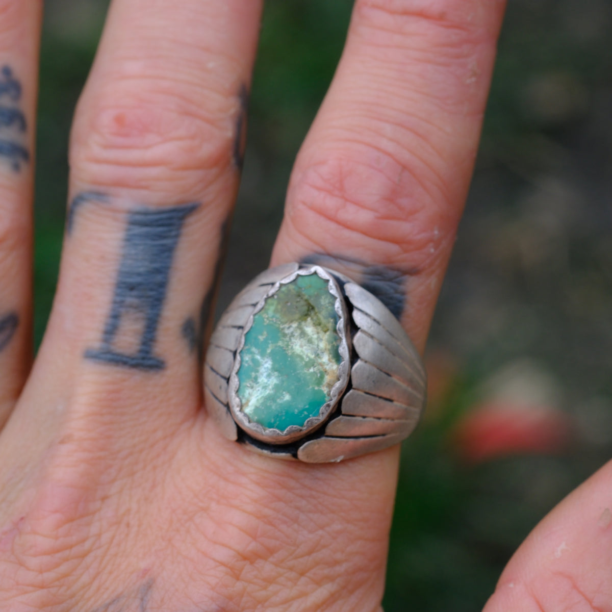 Vintage Sterling Chunky Turquoise Ribbed Band Ring 12.5