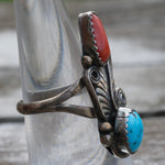 Vintage Sterling Turquoise and Coral Feather Ring 6.75