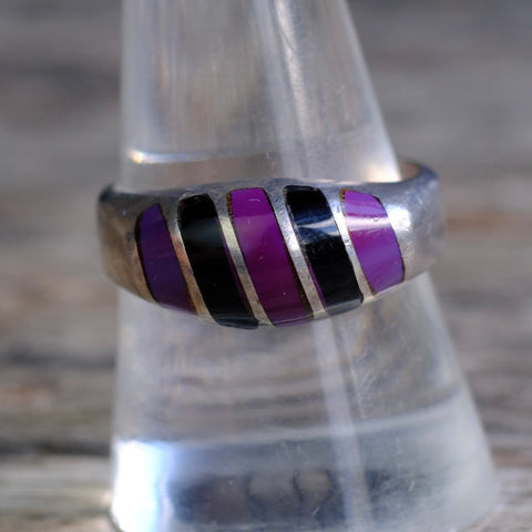 Vintage Sterling Onyx and Purple Stone Inlay Band 9.75