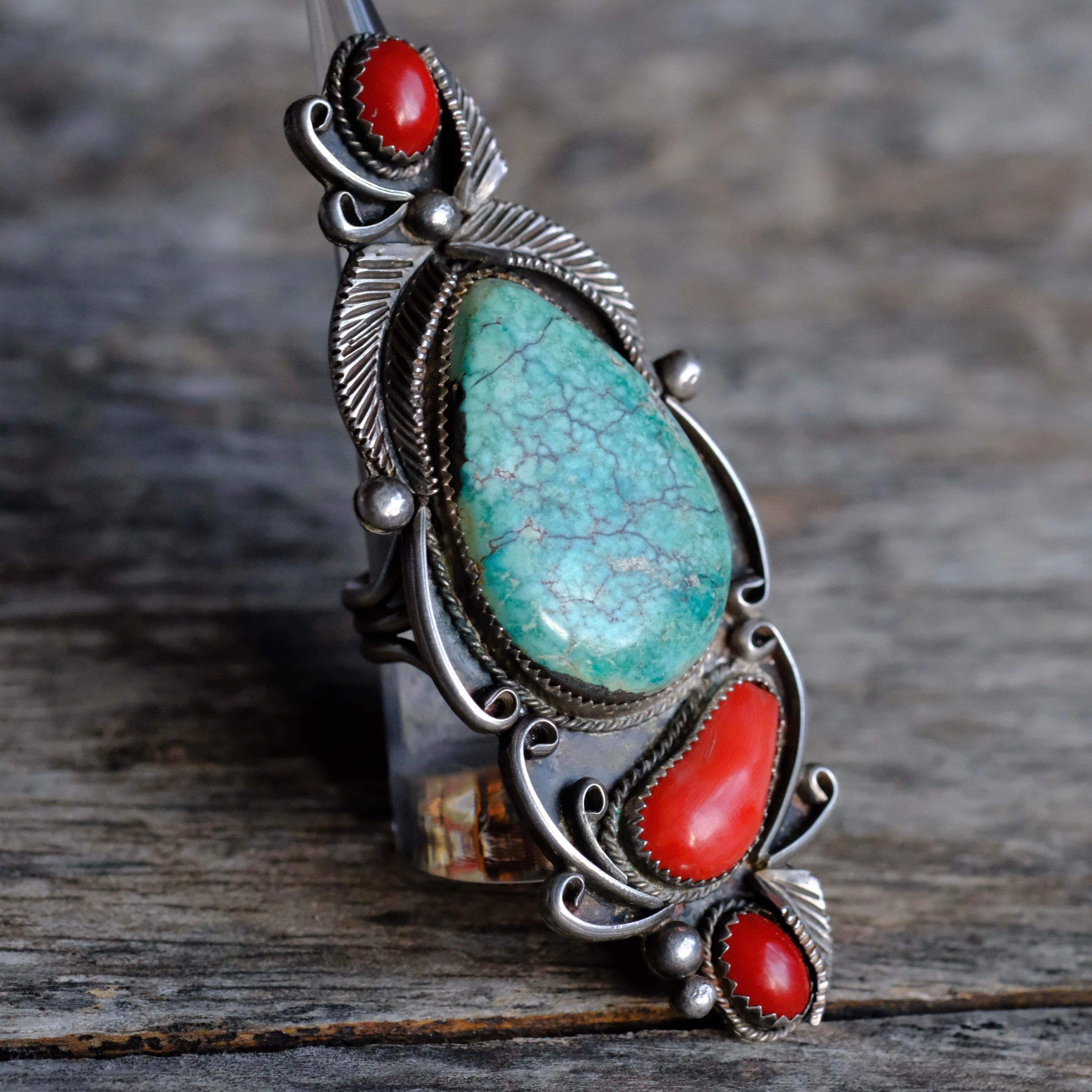 MASSIVE 3" Vintage Sterling Turquoise and Coral Feather Ring 9.5