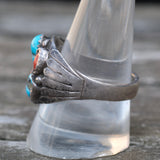 Vintage Sterling Turquoise and Coral Ribbed Band Ring 10.5