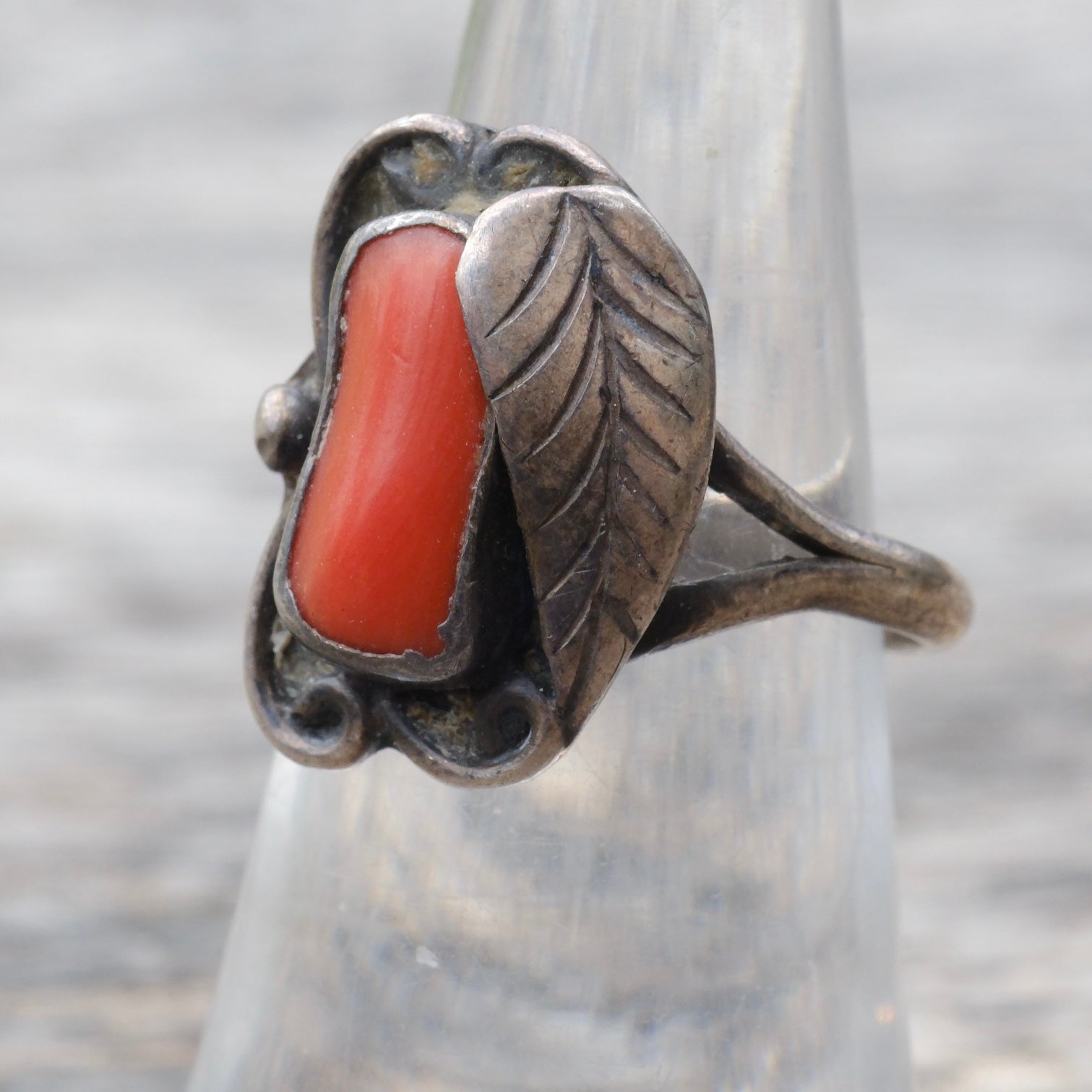 Vintage Sterling Coral Feather Ring 6.5