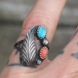 Vintage Sterling Turquoise and Coral Feather Ring 5.75