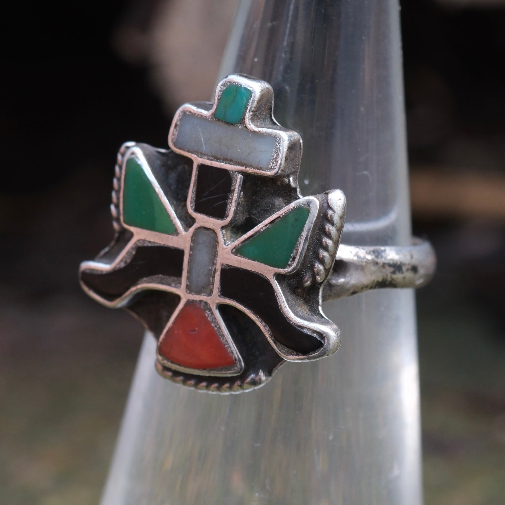 Vintage Sterling Multistone Inlay Kachina Ring 4.75