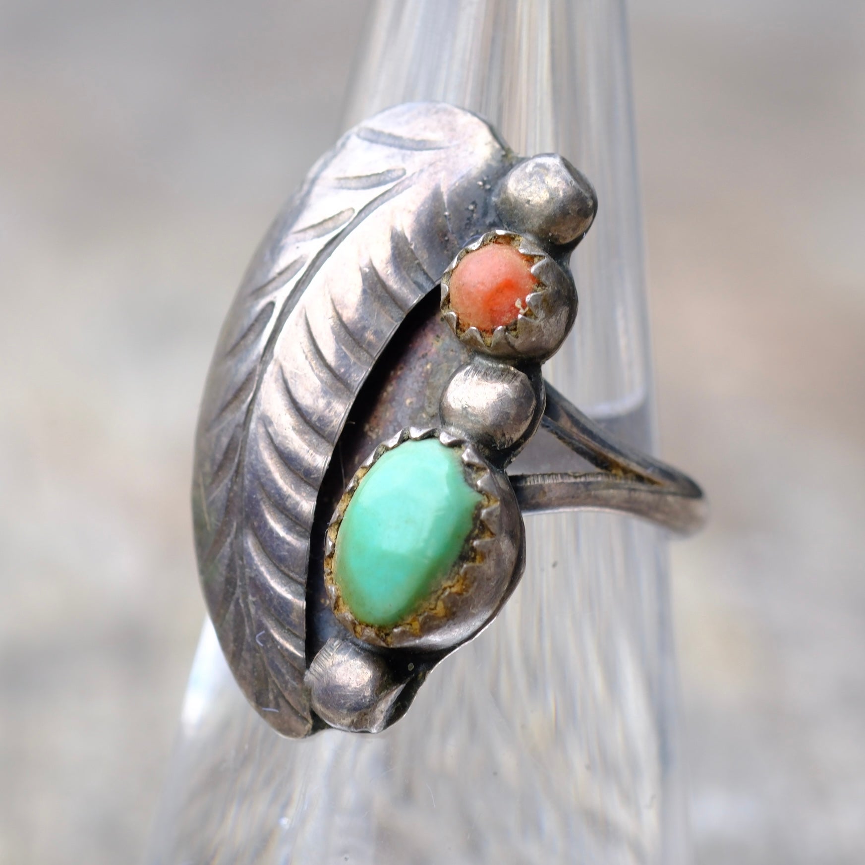 Vintage Sterling Turquoise and Coral Feather Ring 5.75
