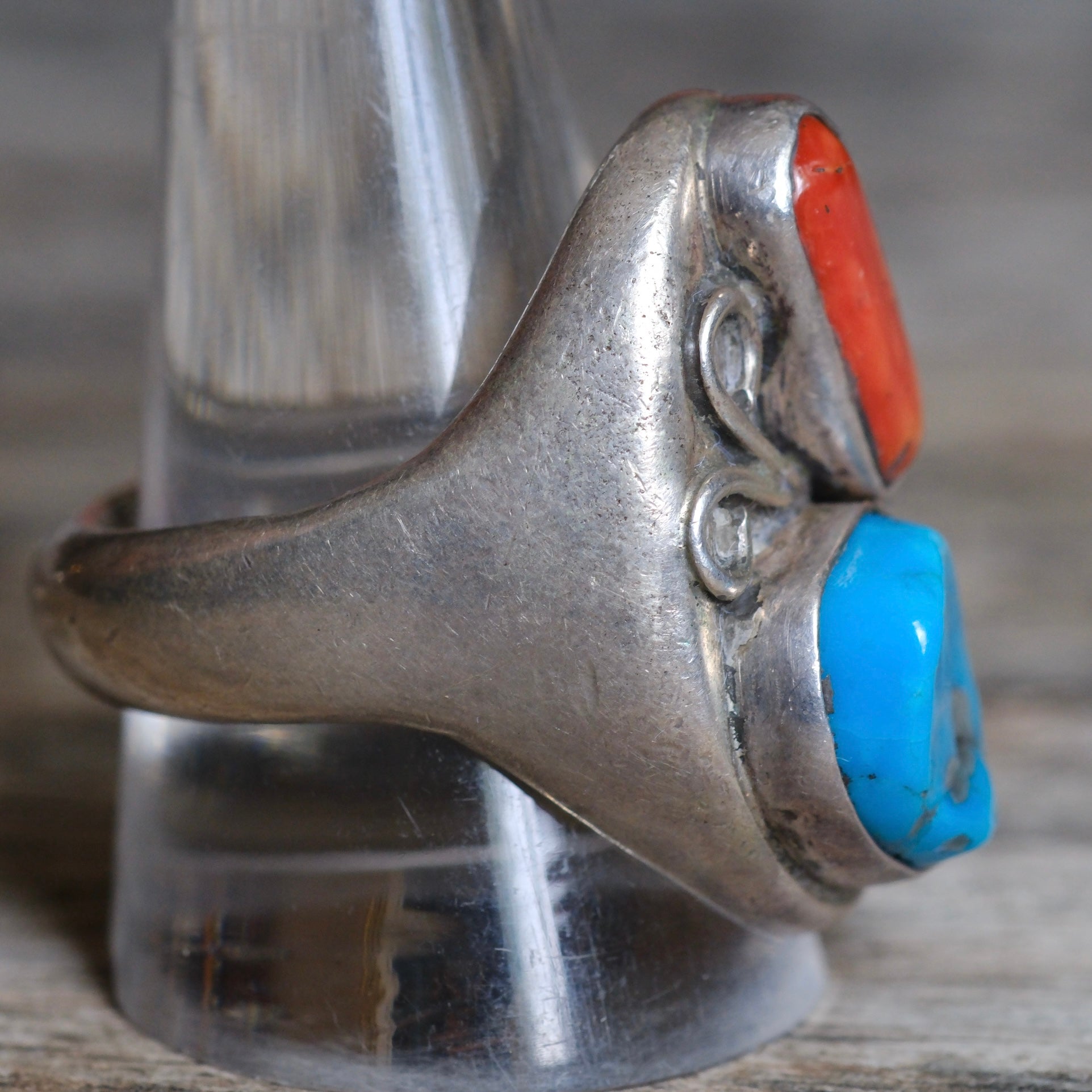 Vintage Sterling Turquoise and Coral Ring 11.5