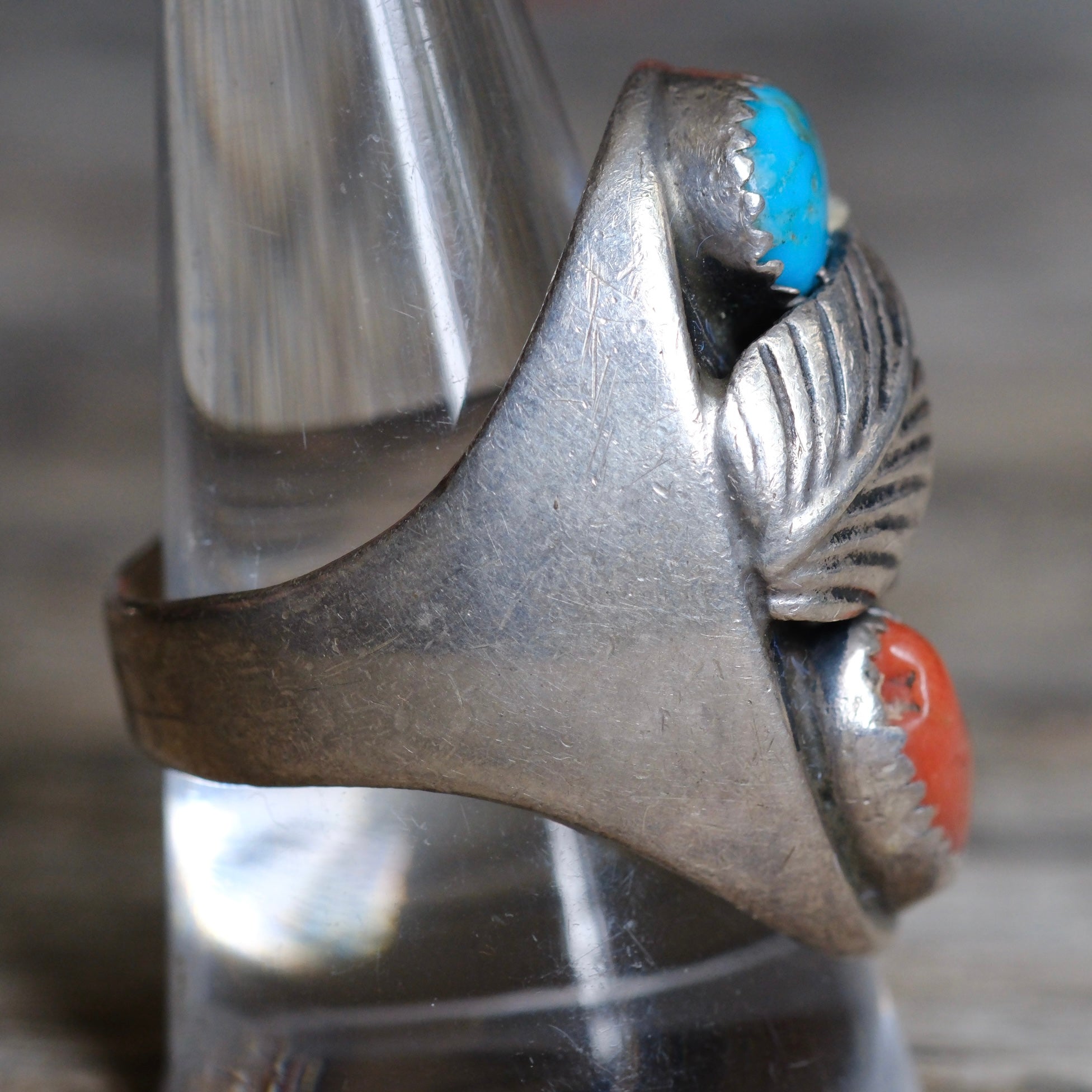 Vintage Sterling Turquoise and Coral Feather Ring 9.5