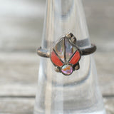 Vintage Sterling Coral and Abalone Inlay Ring 6.5