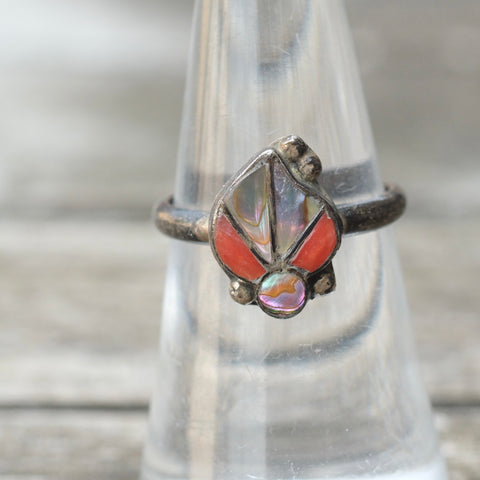 Vintage Sterling Coral and Abalone Inlay Ring 6.5