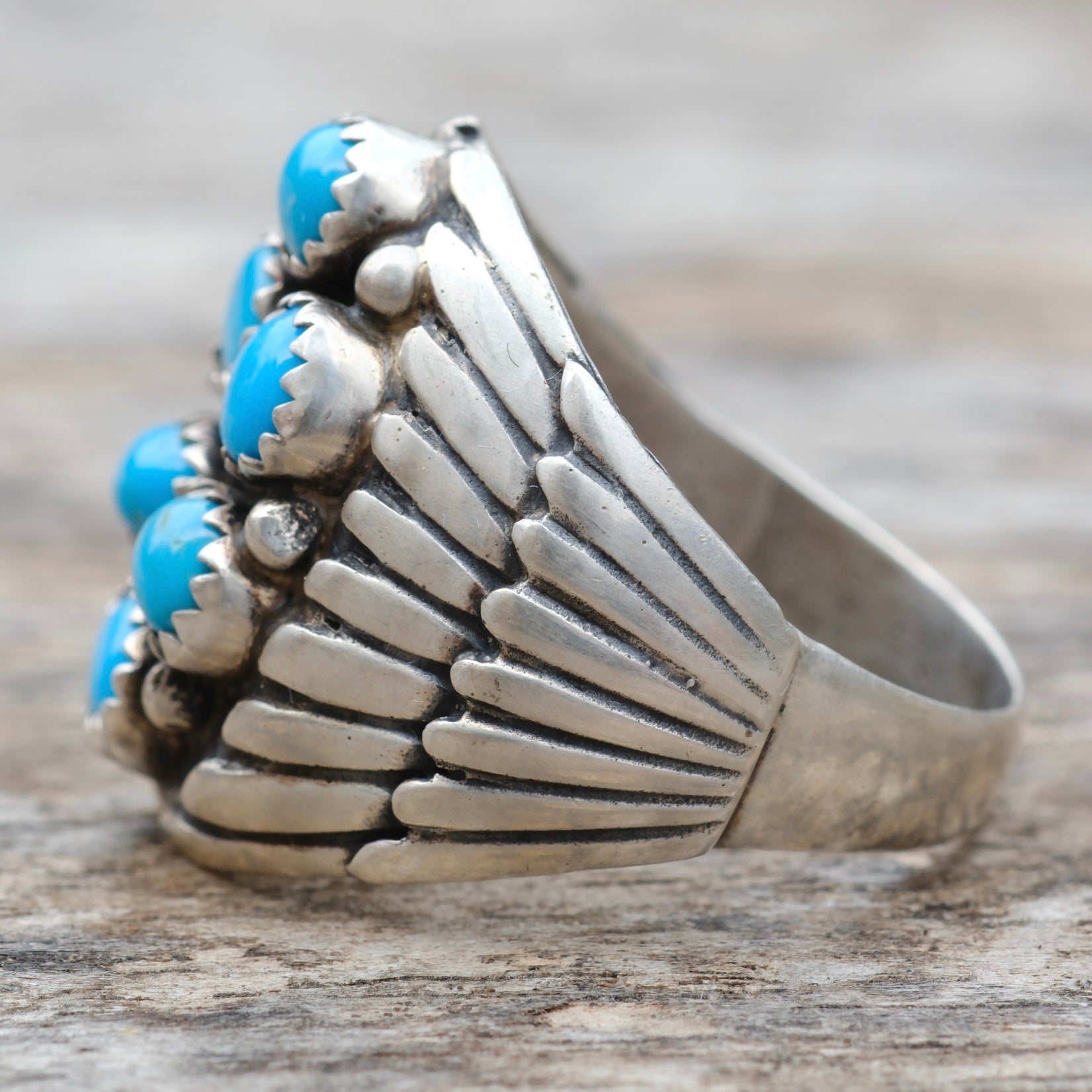 Vintage Sterling 6-Stone Turquoise Ribbed Band Ring 10.75