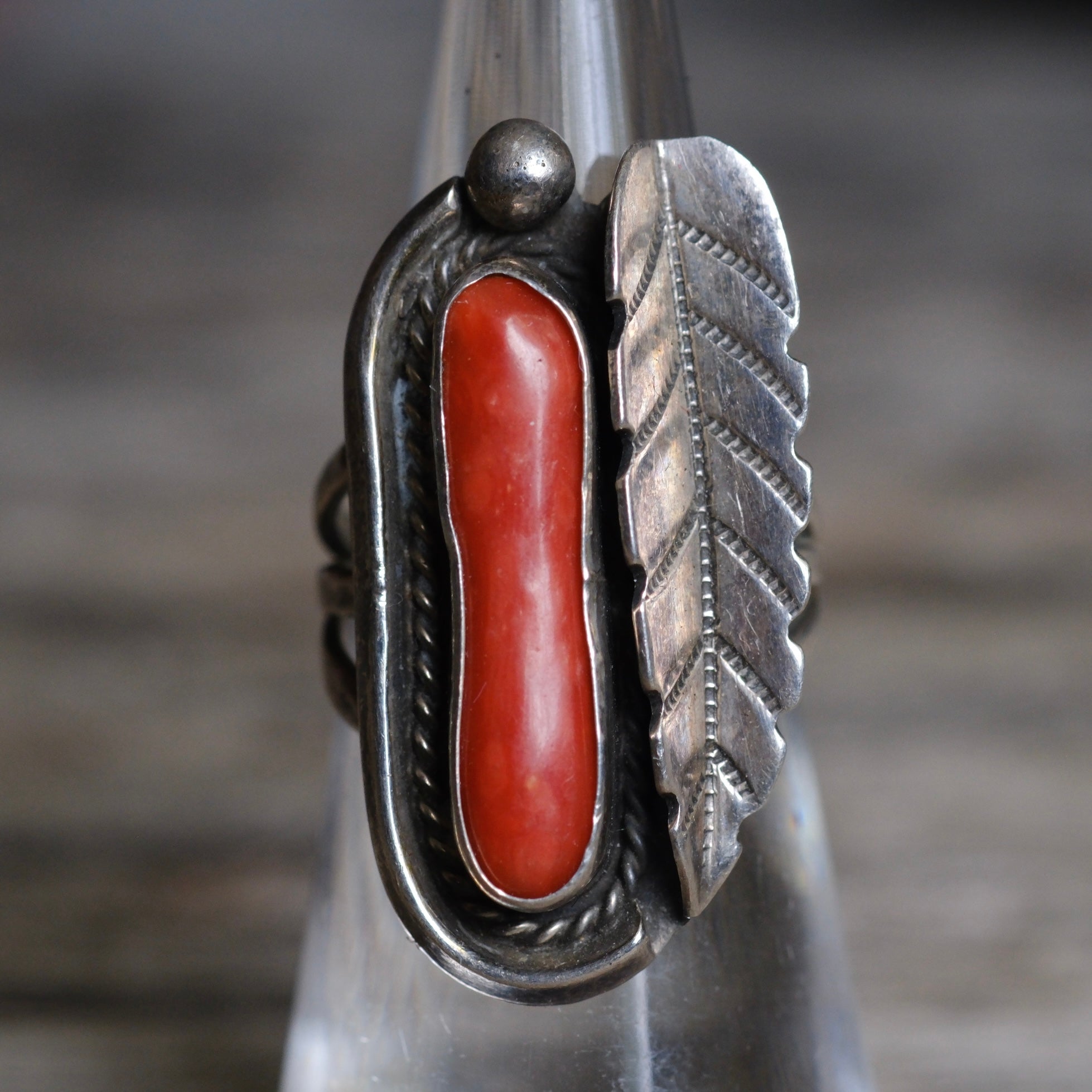 Vintage Sterling Coral Feather Ring 5