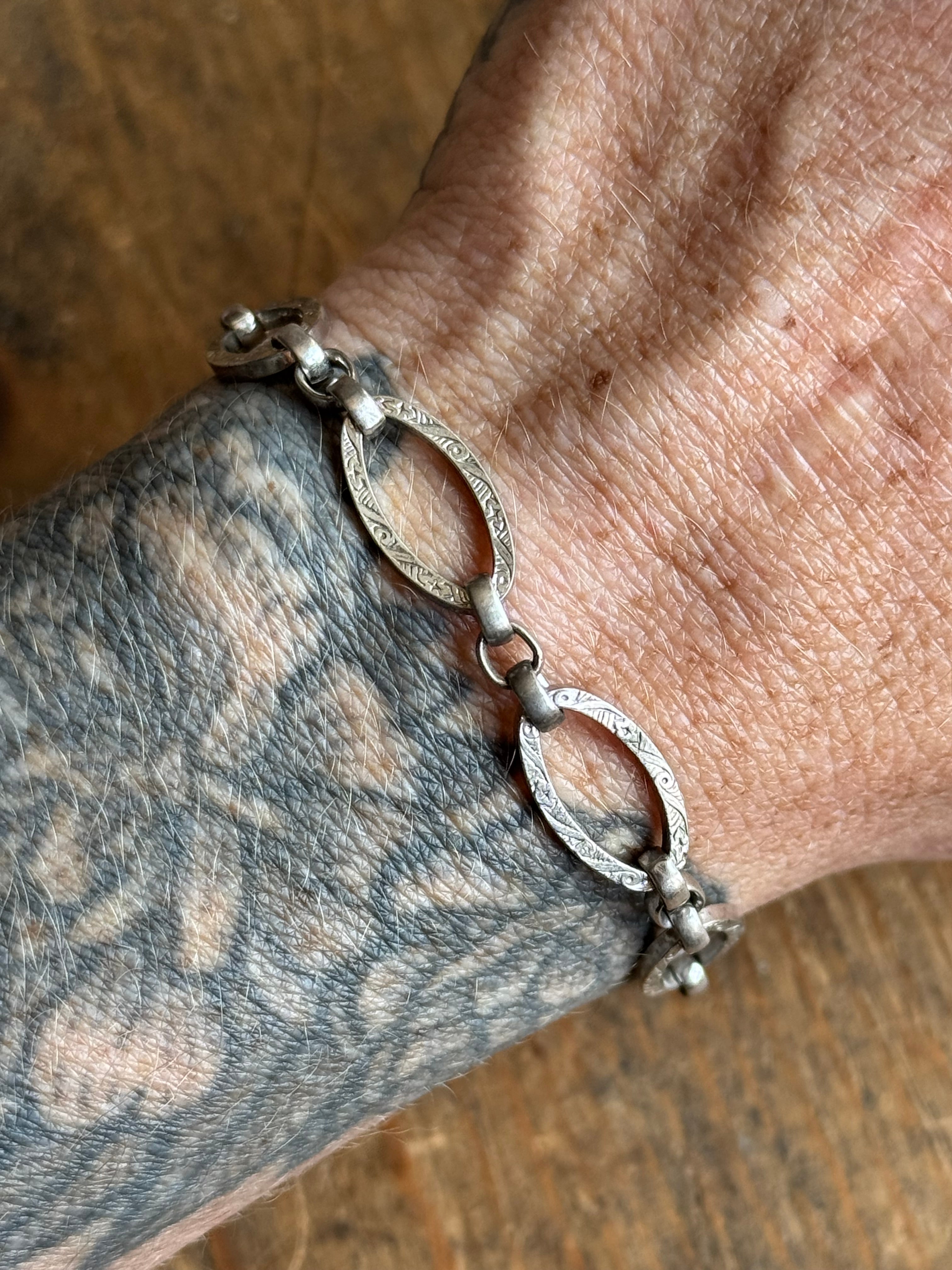 Vintage Sterling Silver 7” Etched Oval Link Chain Bracelet