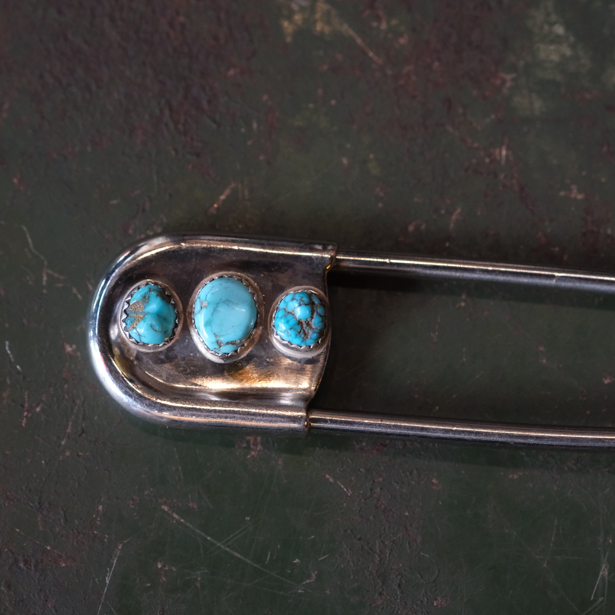 Vintage 3-Stone Turquoise Safety Pin Keychain 4"