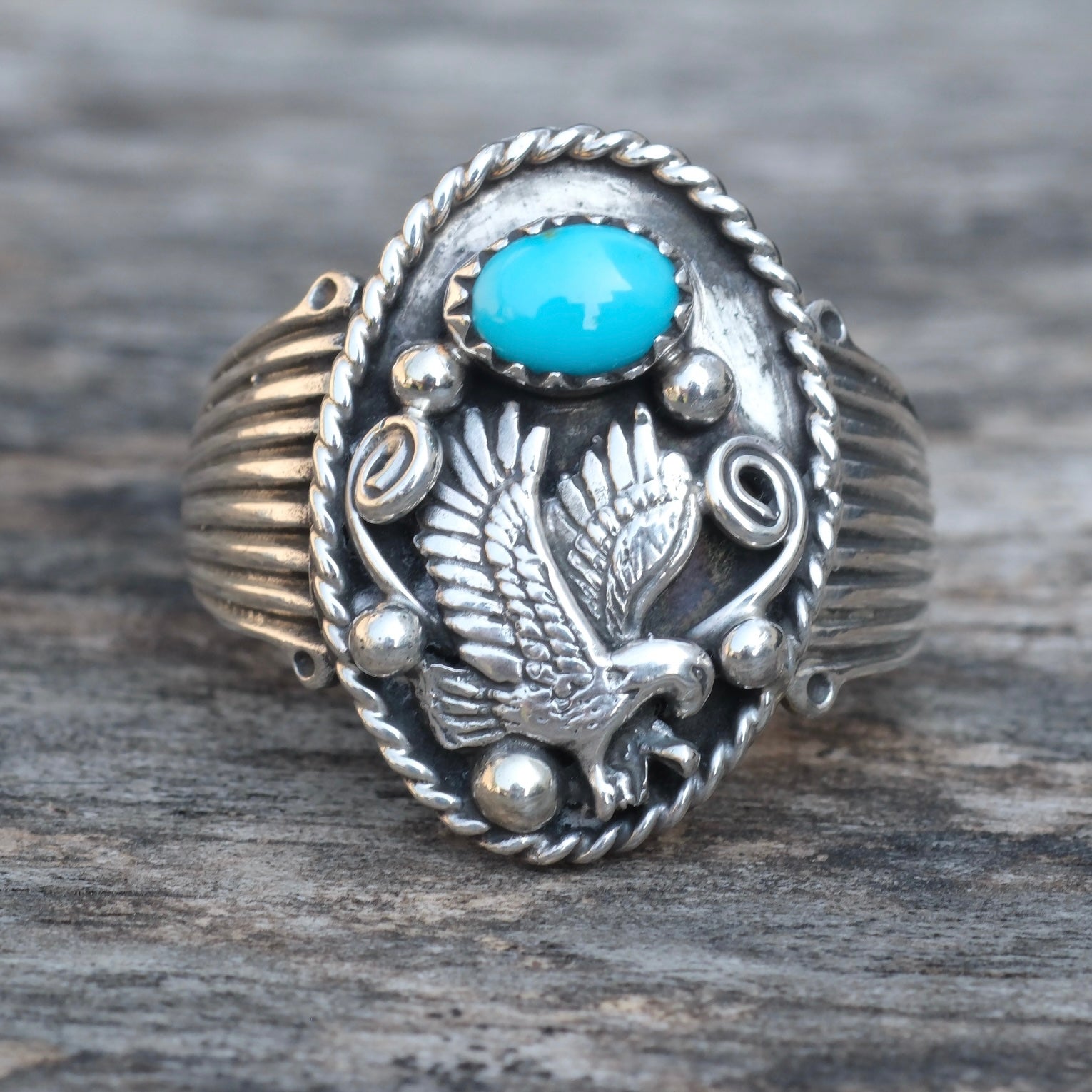 Vintage Sterling Turquoise Eagle Ring 11.5