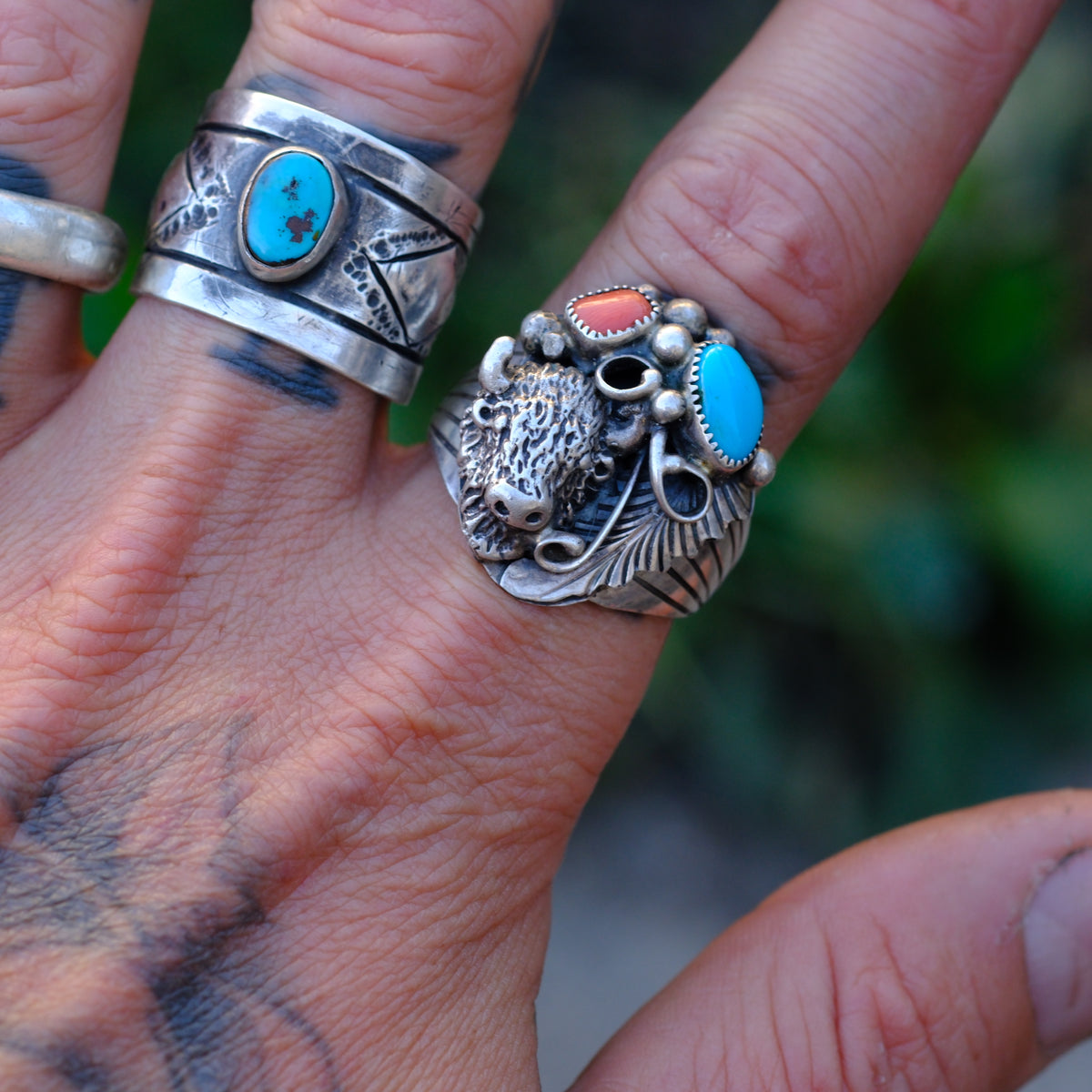 Vintage Sterling Turquoise and Coral Buffalo Ring 11