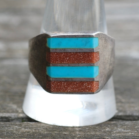 Vintage Sterling Turquoise and Goldstone Inlay Striper Ring 12