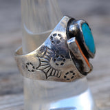 Vintage Sterling Turquoise and Coral Stamped Band Ring 9.25