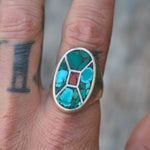 Vintage Sterling Turquoise and Coral Inlay Ring 10