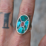Vintage Sterling Turquoise and Coral Inlay Ring 10