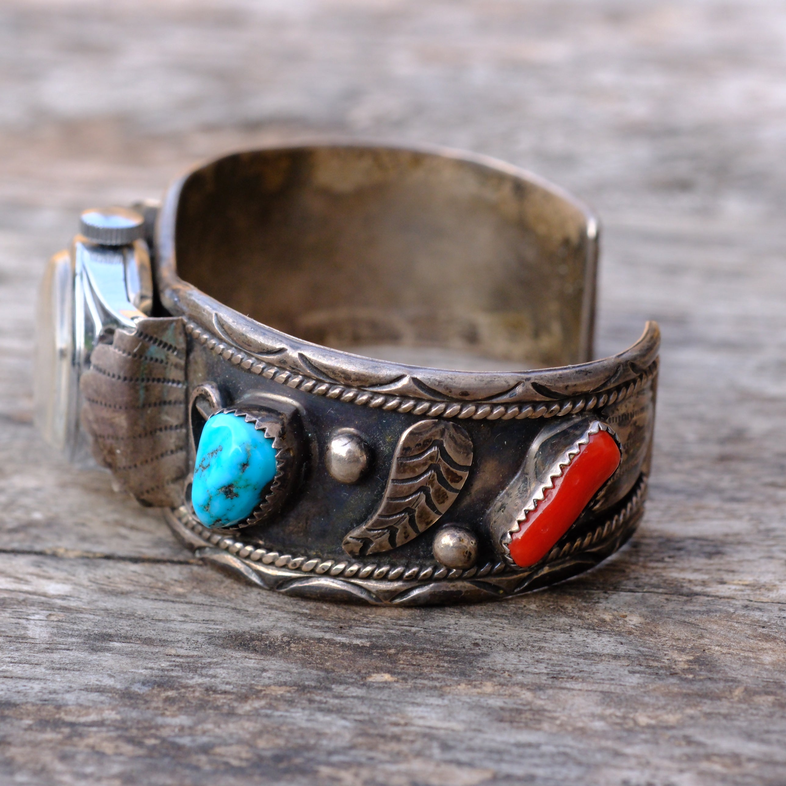 Vintage Sterling Turquoise and Coral Cuff Watch Cuff Bracelet