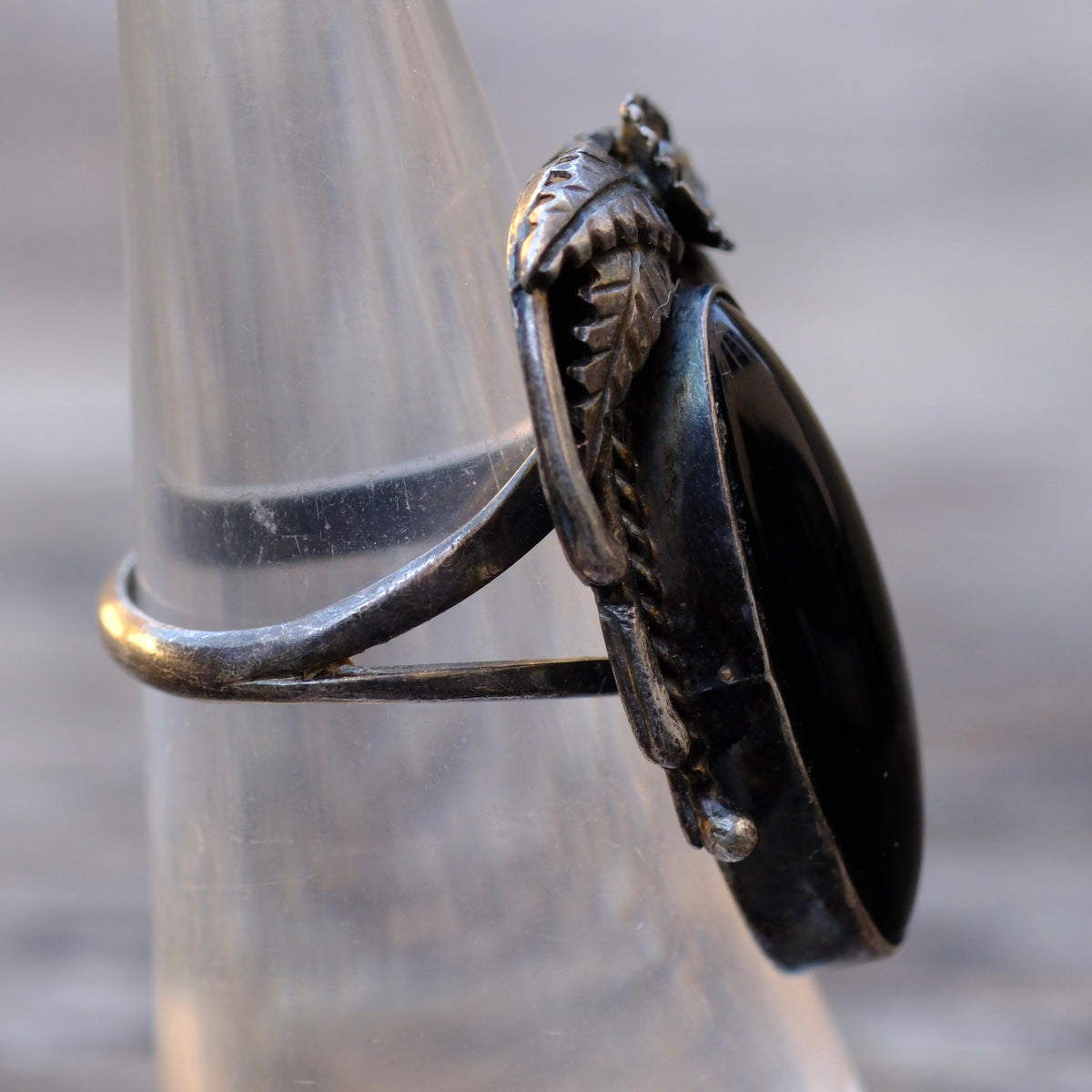 Vintage Sterling Onyx Feather Ring 6.5