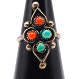 Vintage Sterling Turquoise and Coral Cluster Ring 4.5