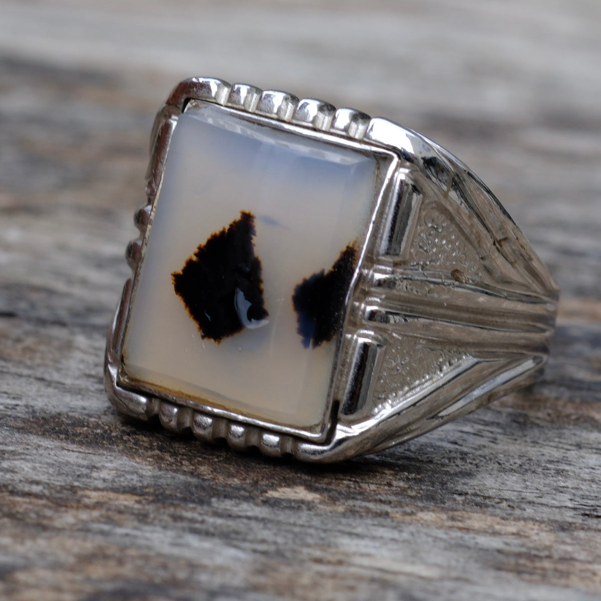 Vintage Sterling Agate Signet Ring 10.5