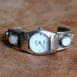 Vintage Sterling Mother Of Pearl and Coral Watch Cuff Bracelet