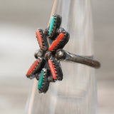 Vintage Sterling Turquoise and Coral Cluster Ring 4.5
