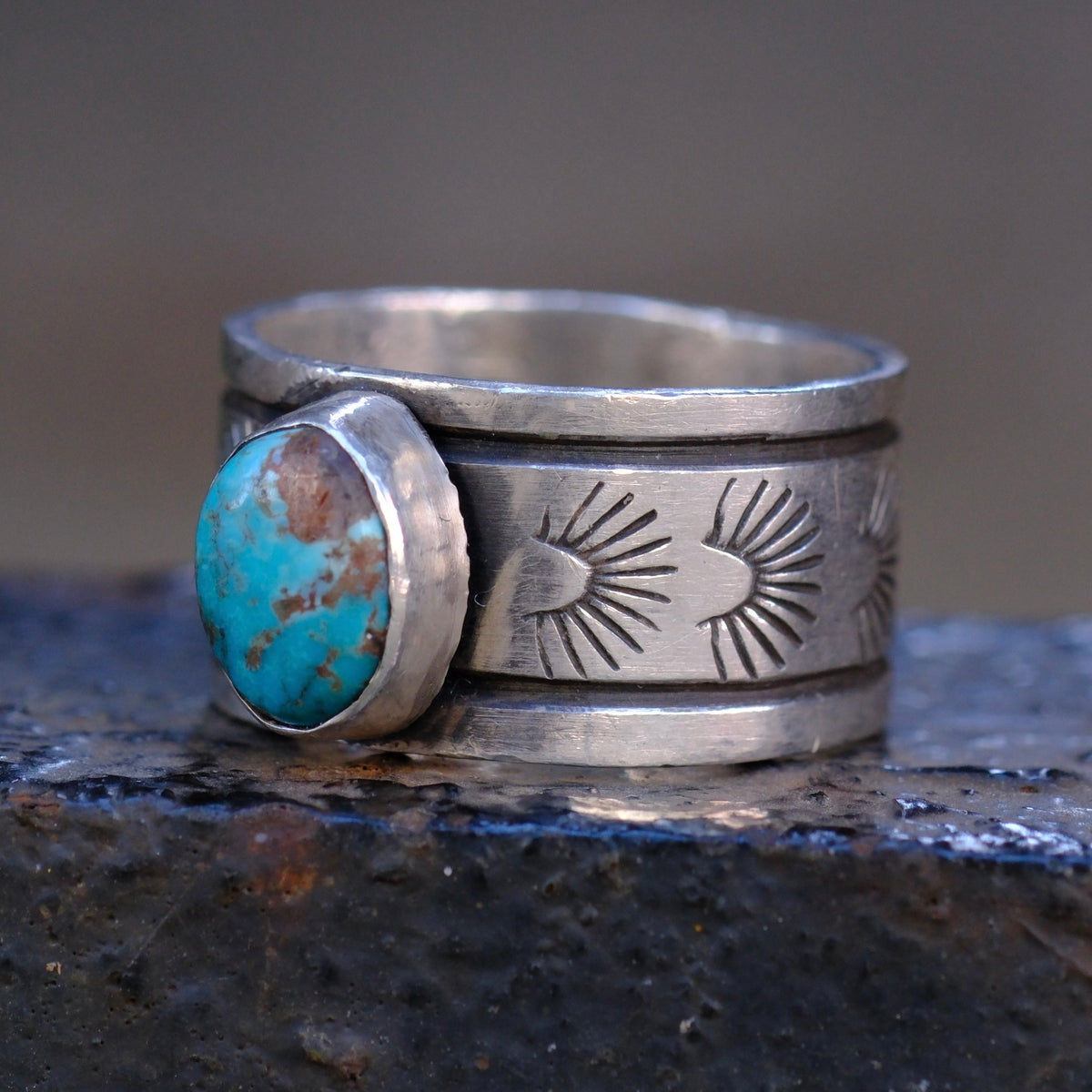 Sterling Silver Bisbee Turquoise Stamped Band Ring 9