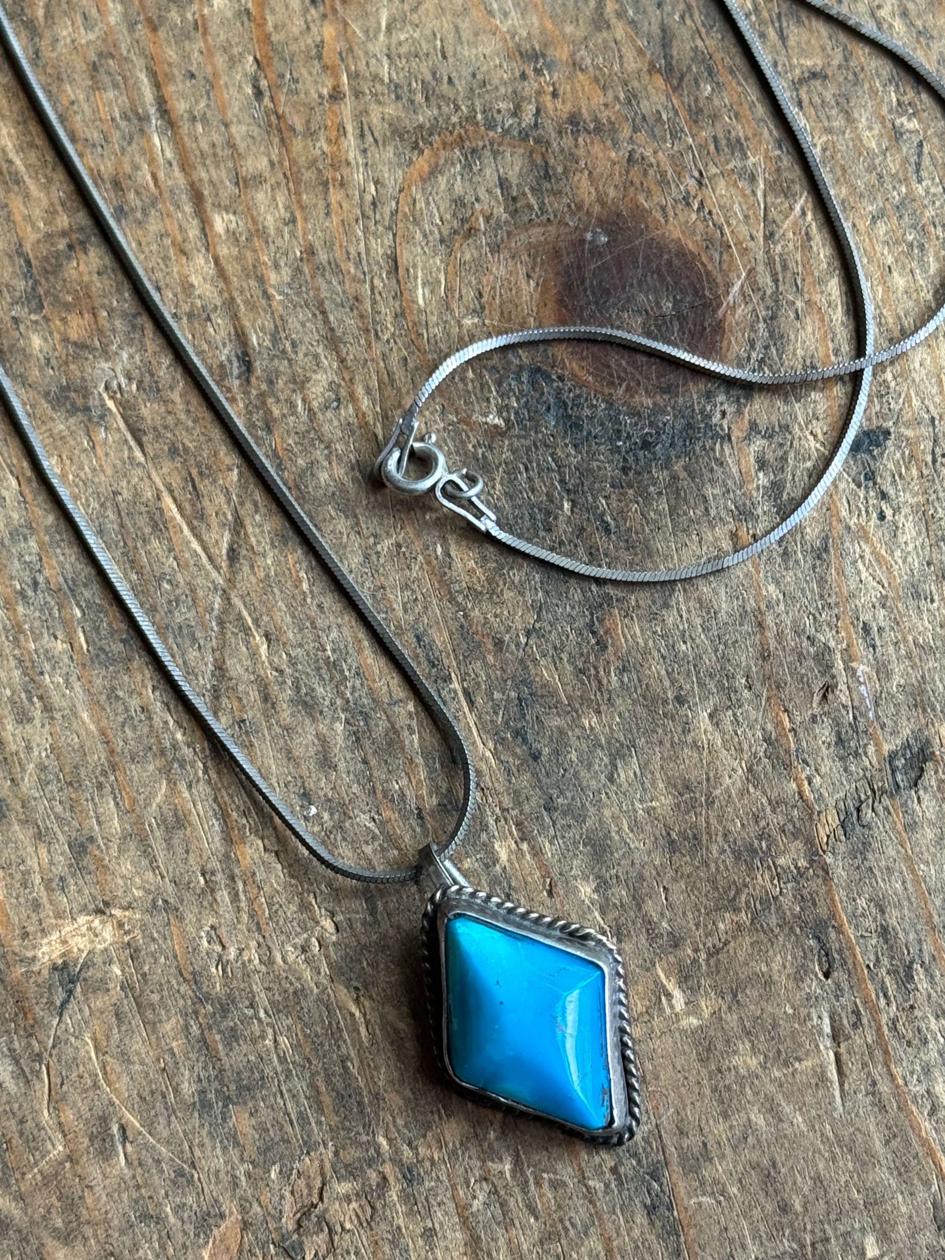 Vintage Sterling Silver Diamond Turquoise Necklace