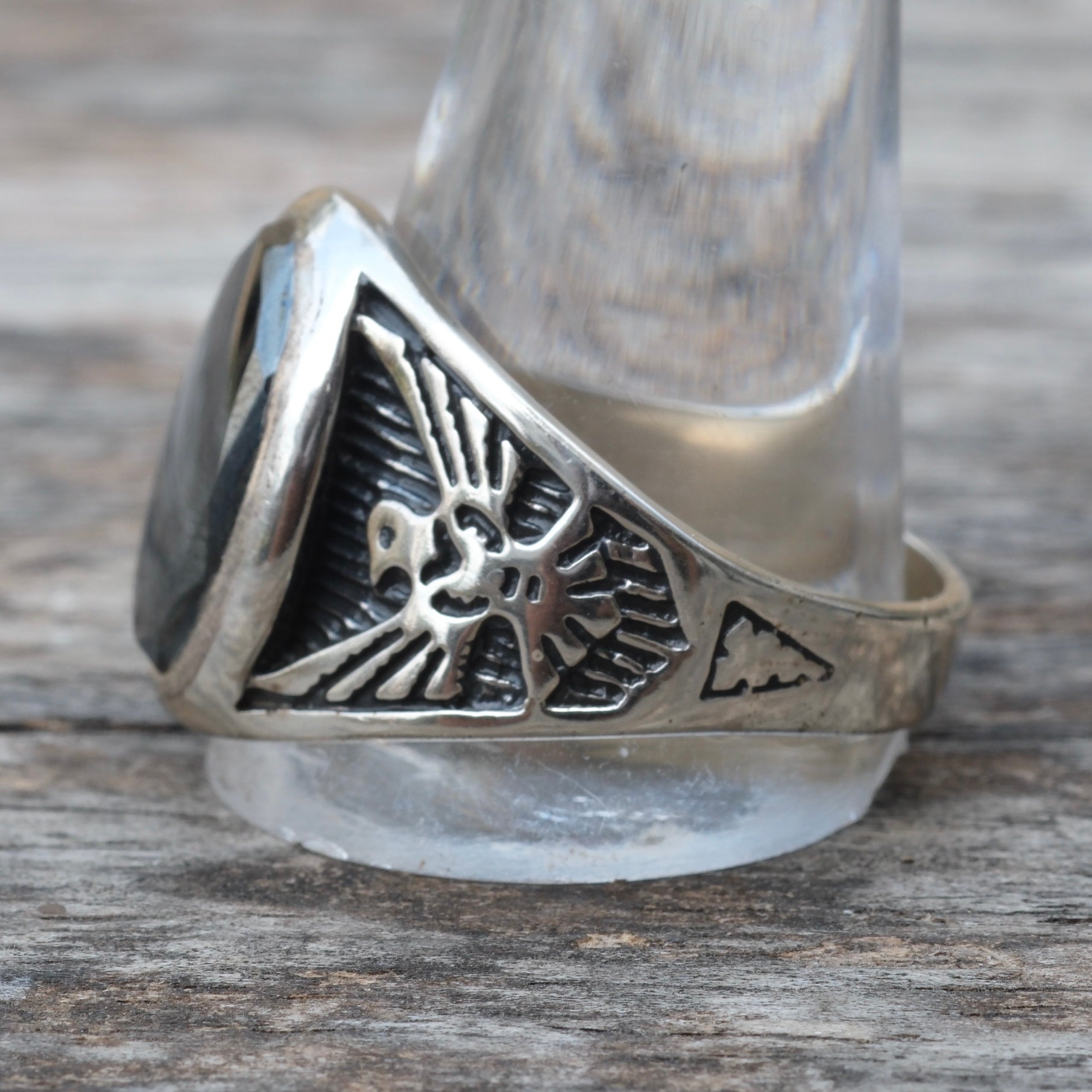 Vintage Sterling Hematite Thunderbird Ring 15
