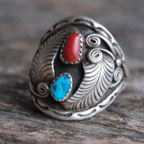 vintage Sterling Turquoise and Coral Feather Ring 12