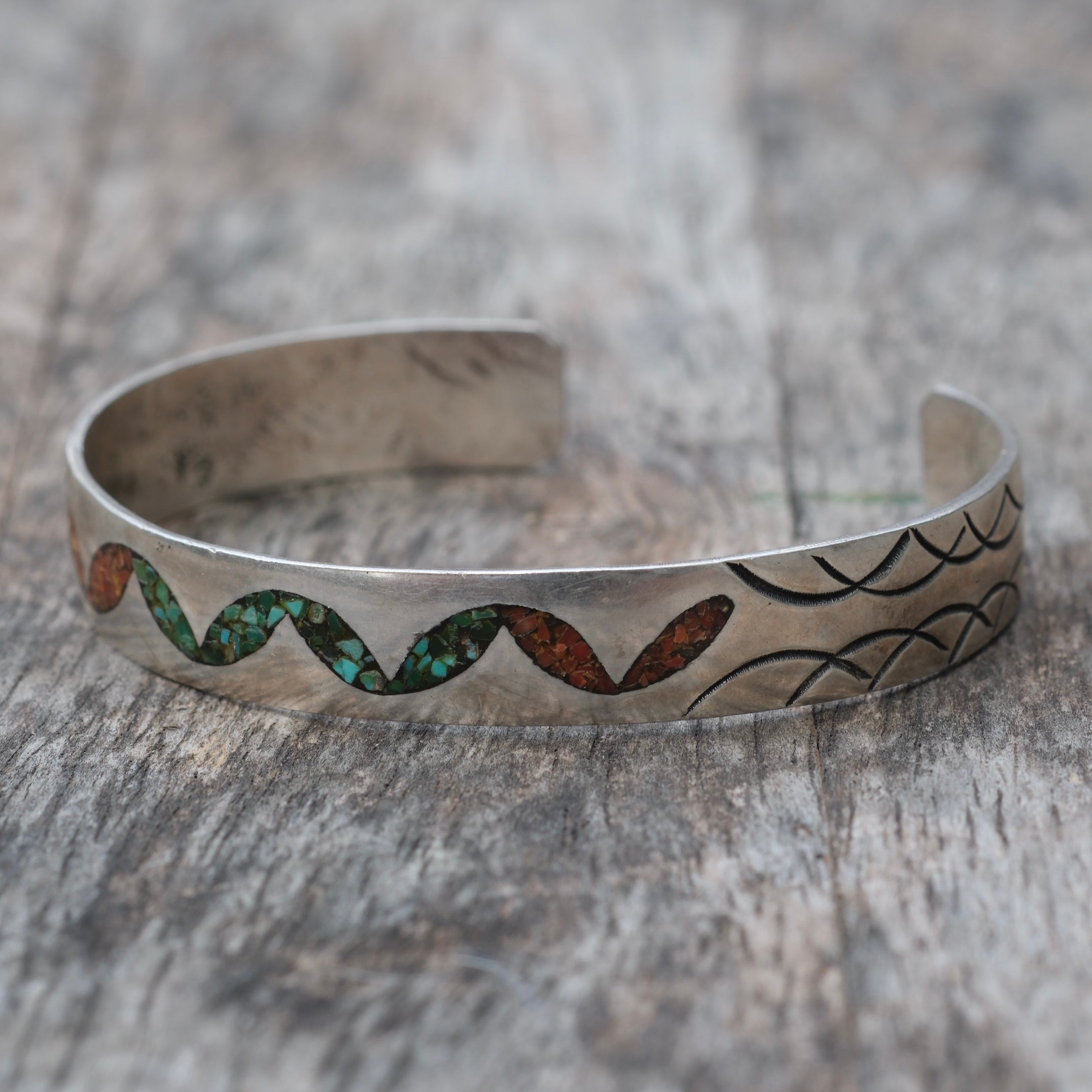 Vintage Sterling Turquoise and Coral Inlay Cuff Bracelet