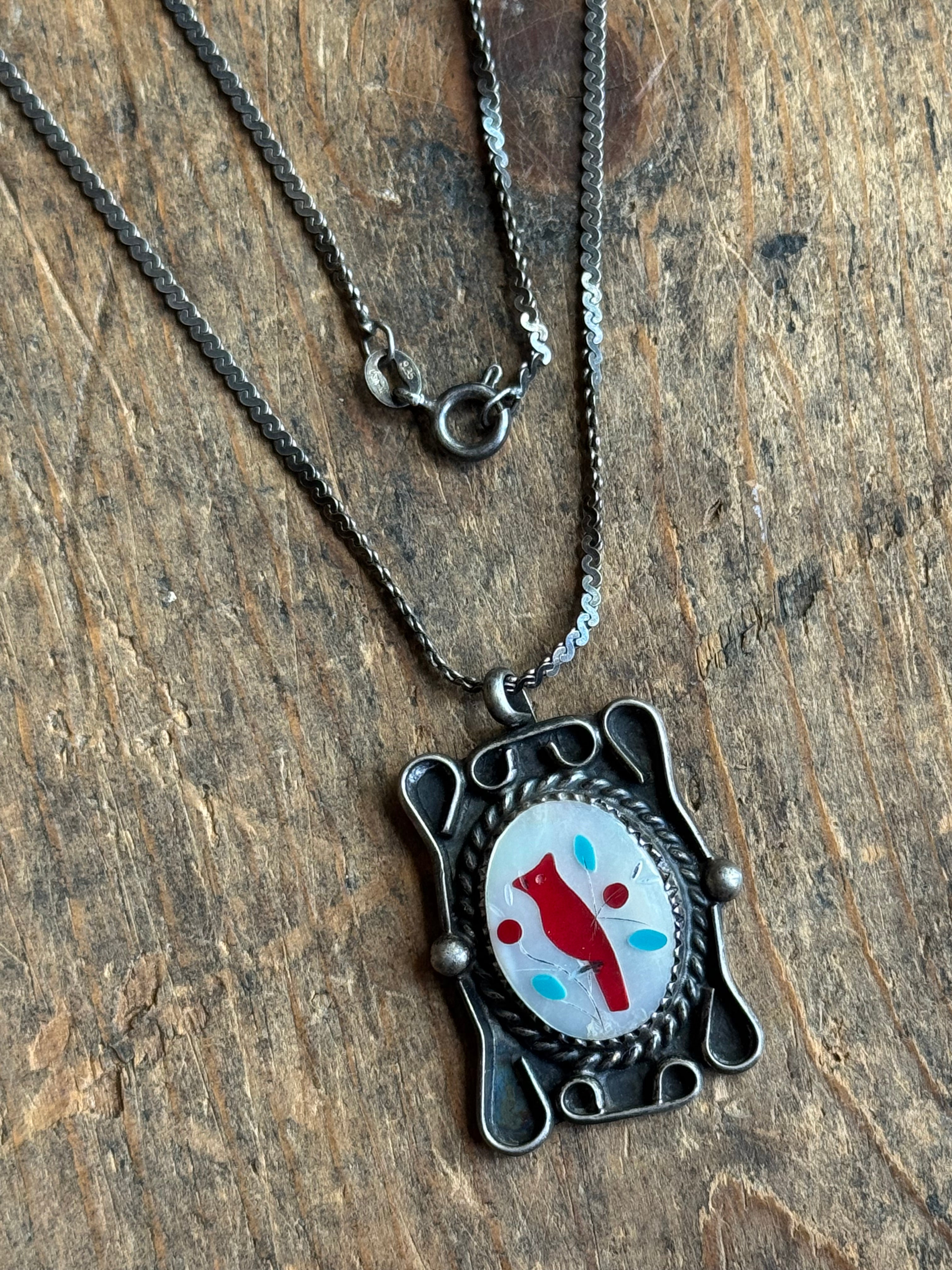 Vintage Sterling Silver Cardinal Inlay Necklace