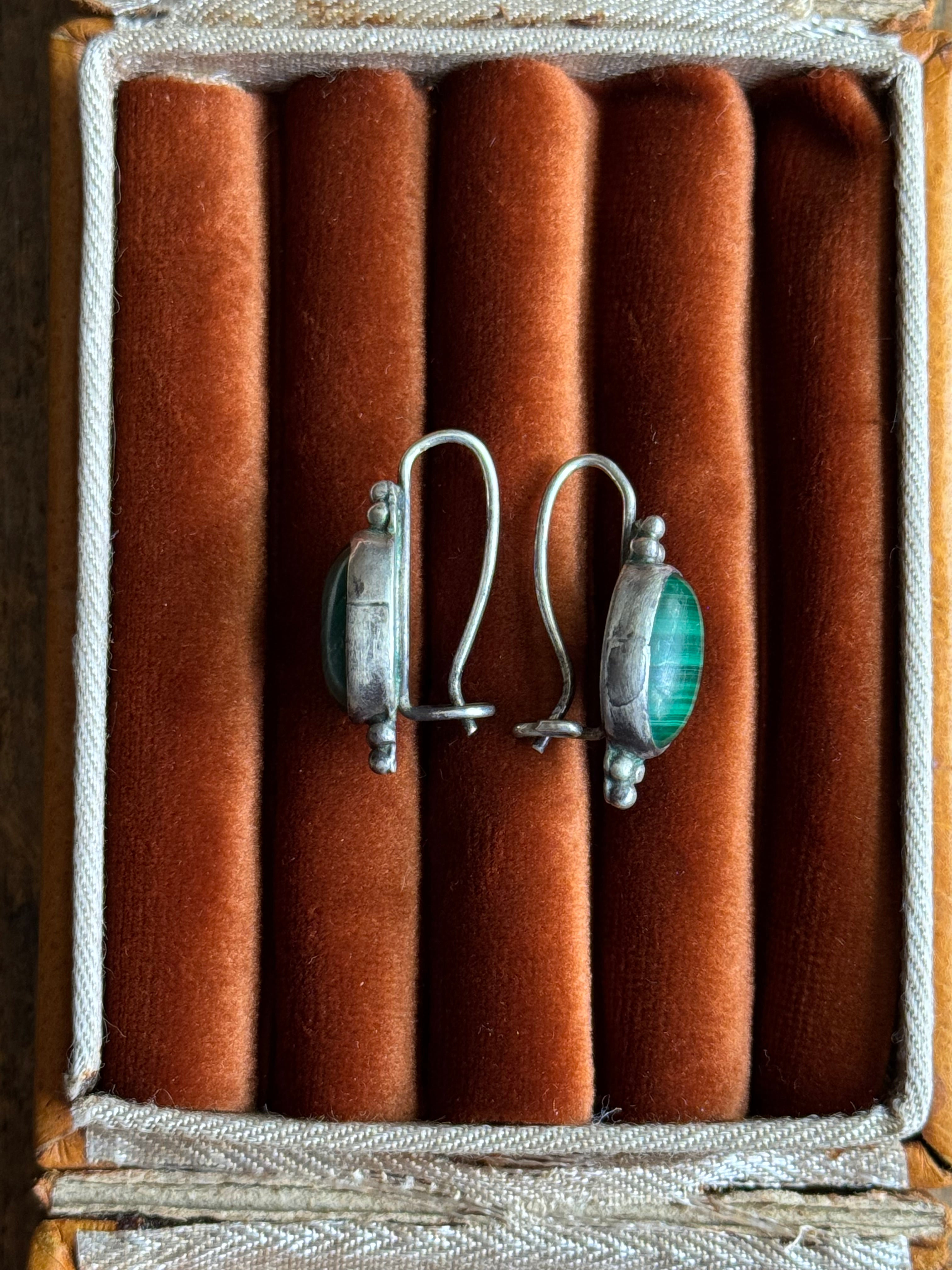 Vintage Sterling Silver Malachite Beaded Dangle earrings