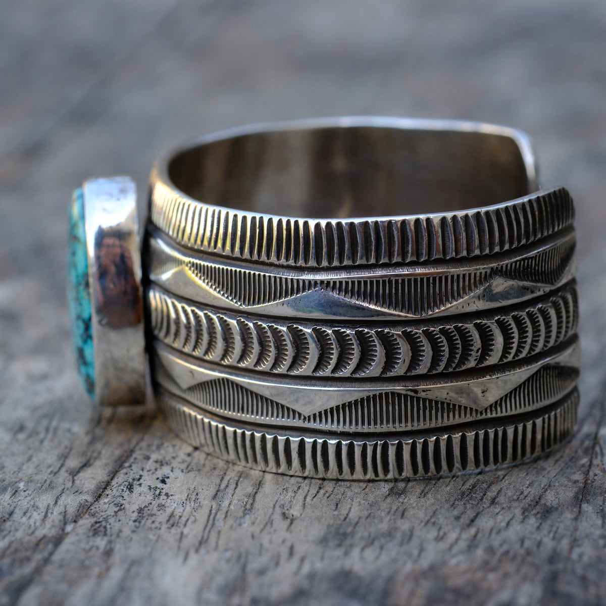Alex Sanchez Sterling Silver Stamped Kingman Turquoise Cuff Bracelet